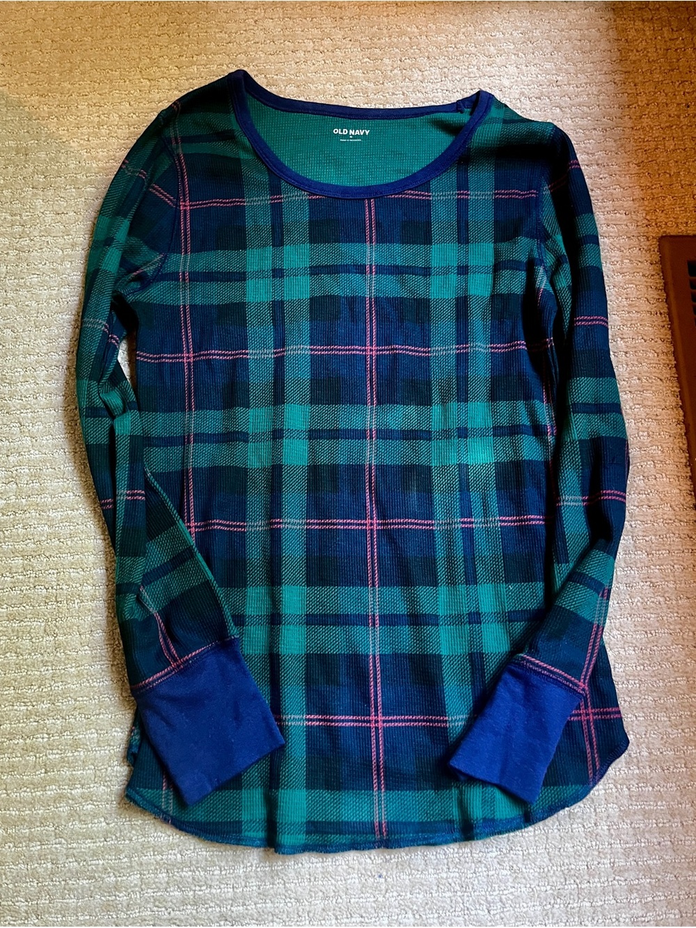 Old Navy Blue Green Red Long Sleeve Cotton Knit Top with Navy Trim